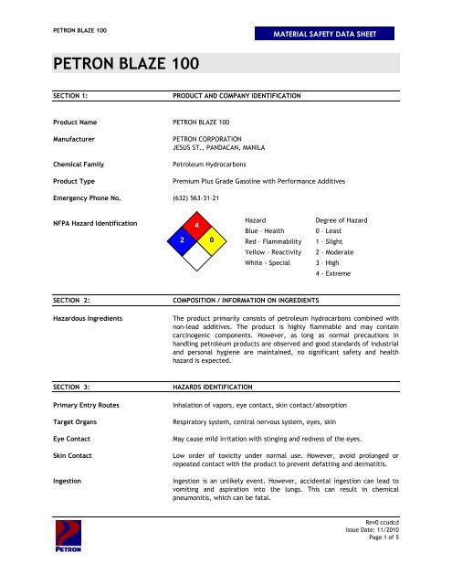 Msds Petron Blaze 100