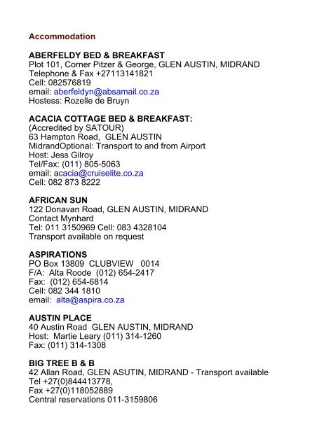 Accommodation ABERFELDY BED & BREAKFAST Plot 101 ... - Unisa