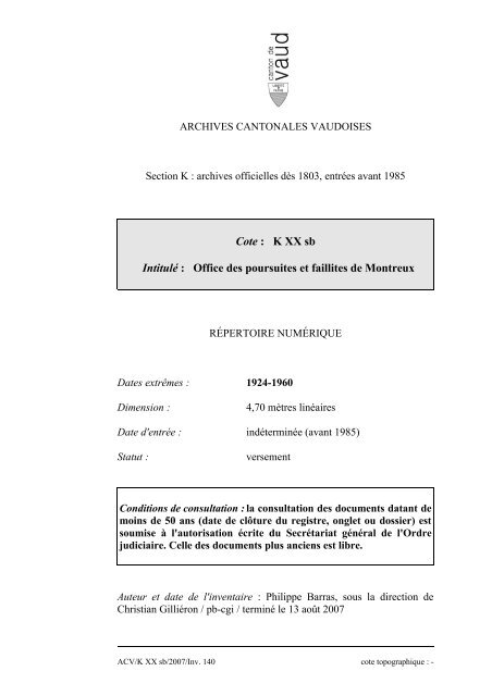 ARCHIVES CANTONALES VAUDOISES - Inventaires des Archives ...