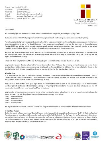 Letter to Parents 20 April 2011 - Cardinal Heenan Catholic High ...