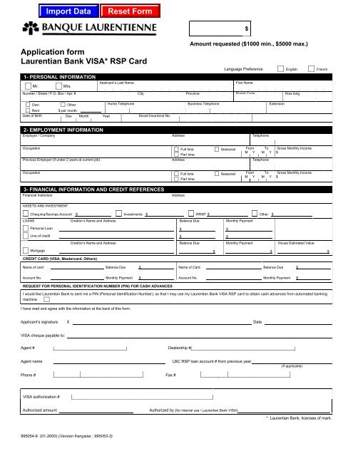 Application Form Laurentian Bank Visa Rsp Card