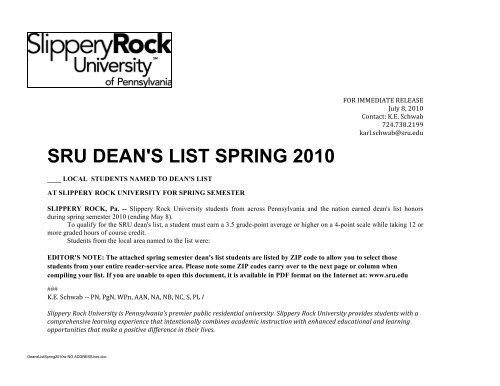 SRU DEAN'S LIST SPRING 2010 - Slippery Rock University