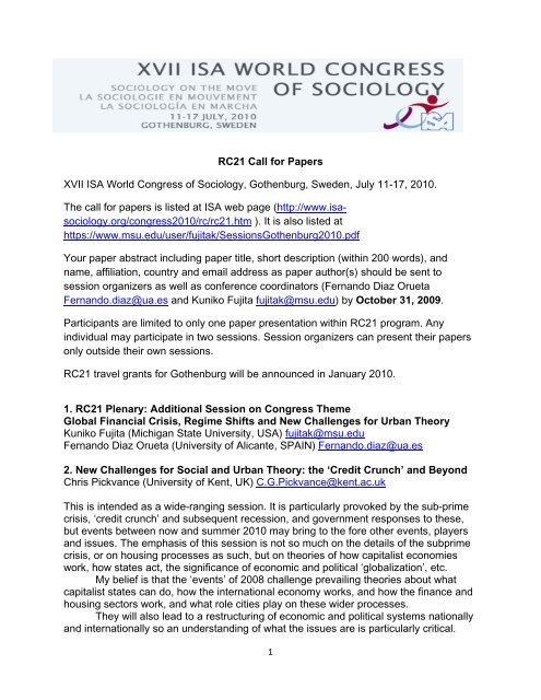 RC21 Call for Papers XVII ISA World Congress of Sociology ...