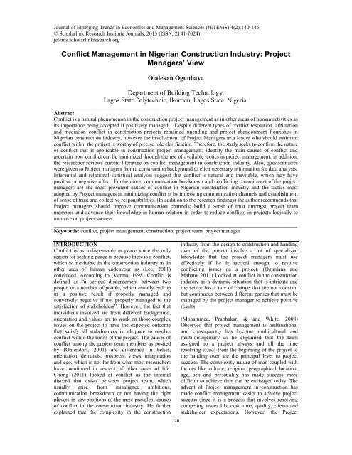 Conflict Management in Nigerian Construction Industry - Journal of ...