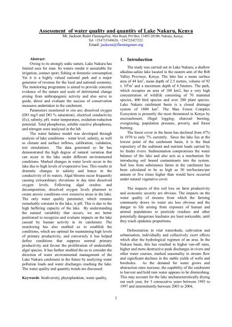 Assessment of water quality and quantity of Lake Nakuru, Kenya