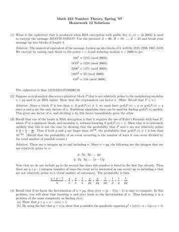 Math 223 Number Theory, Spring '07 Homework 12 Solutions