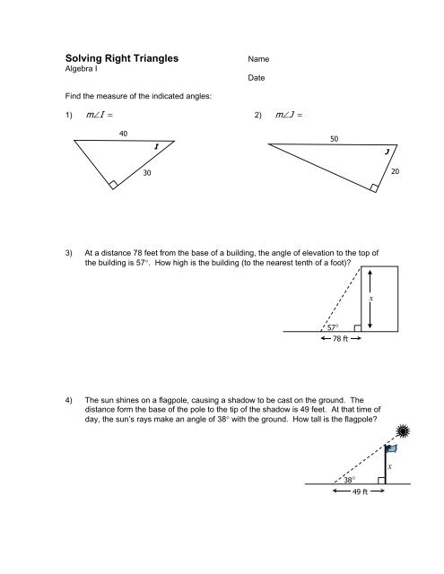 Right triangle trig word problems worksheet