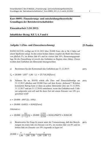 Kurs 00091: Finanzierungs- und entscheidungstheoretische ...