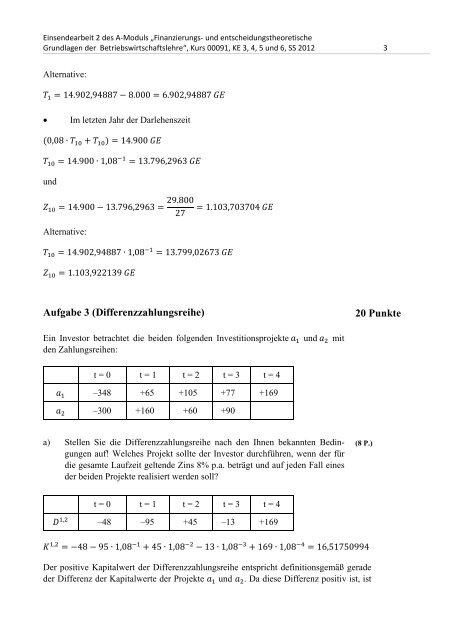 Kurs 00091: Finanzierungs- und entscheidungstheoretische ...