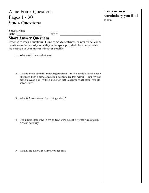 diary of anne frank study questions answers
