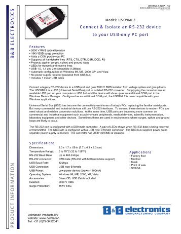 USO9ML2 - Datasheet - USB port to Isolated RS-232 ... - Delmation