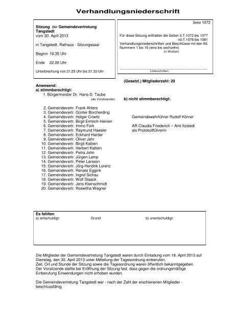 Verhandlungsniederschrift - Gemeinde Tangstedt