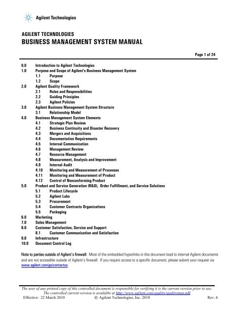 Business Management System Manual - Agilent Technologies