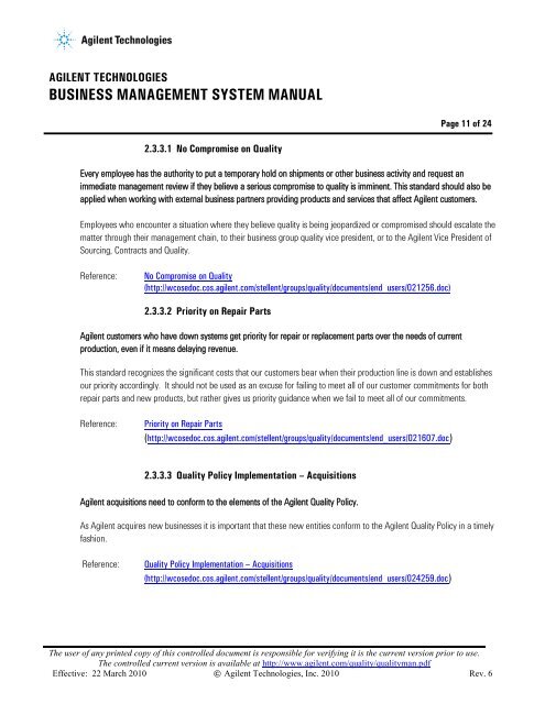 Business Management System Manual - Agilent Technologies