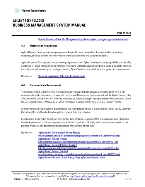 Business Management System Manual - Agilent Technologies
