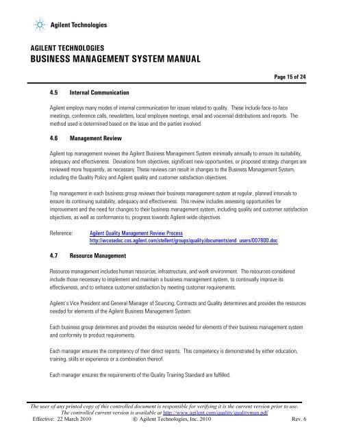 Business Management System Manual - Agilent Technologies