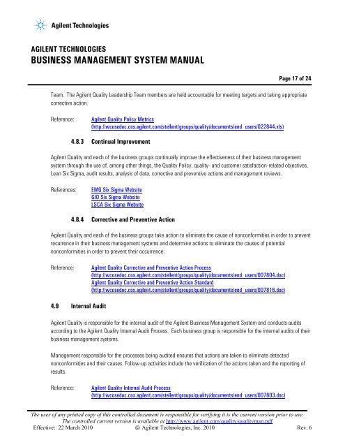 Business Management System Manual - Agilent Technologies