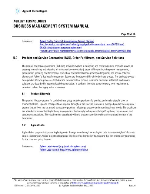 Business Management System Manual - Agilent Technologies