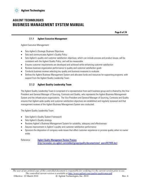 Business Management System Manual - Agilent Technologies