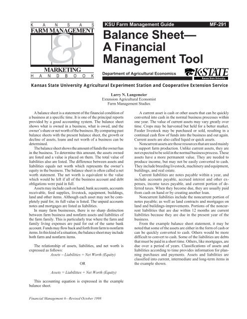 MF291 Balance Sheet--A Financial Management Tool