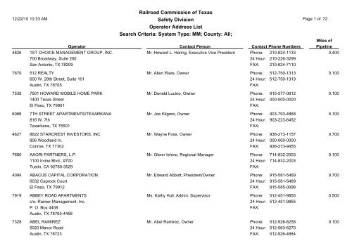 Railroad Commission of Texas Safety Division Operator Address 