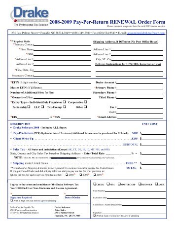 2008-2009 Pay-Per-Return RENEWAL Order Form - Drake Software