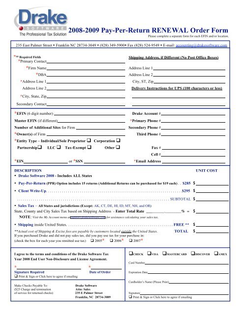2008 2009 Pay Per Return Renewal Order Form Drake Software