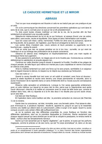 LE CADUCEE HERMETIQUE ET LE MIROIR ABRAXA
