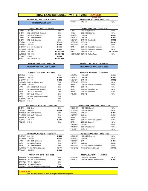 final exam schedule - winter 2013 revised - John Abbott College