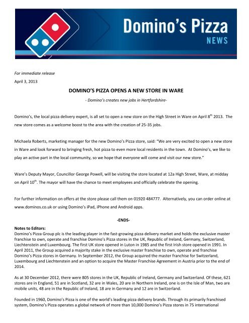 domino's pizza opens a new store in ware