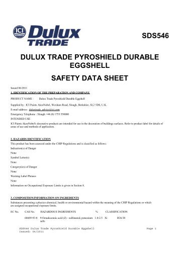 SDS546 Dulux Trade Pyroshield Durable Eggshell