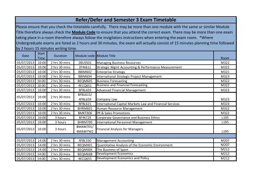 Westminster Business School exam timetable