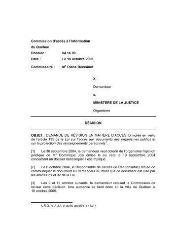 X c. MinistÃ¨re de la Justice - Commission d'accÃ¨s Ã  l'information du ...