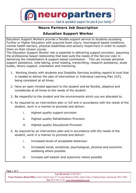 Neuro Partners Job Description Education Support Worker