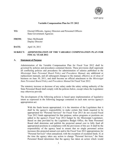 Variable Compensation - Mississippi State Personnel Board