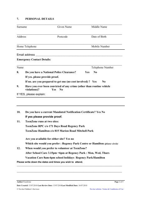 Volunteer/Work Experience Registration Form - Novita Children's ...