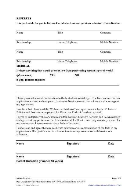 Volunteer/Work Experience Registration Form - Novita Children's ...
