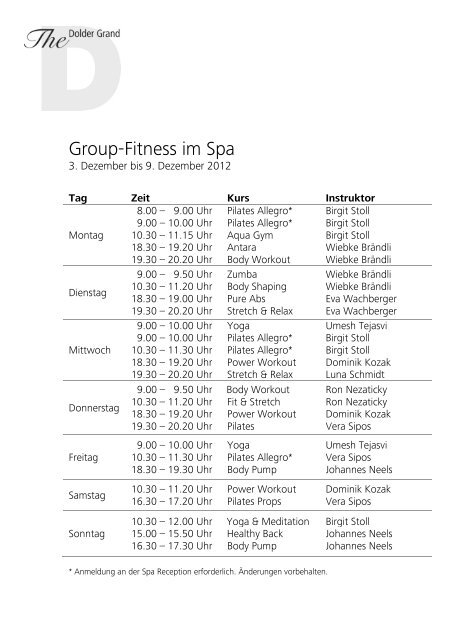 Fitness ab 3. Dezember - The Dolder Grand