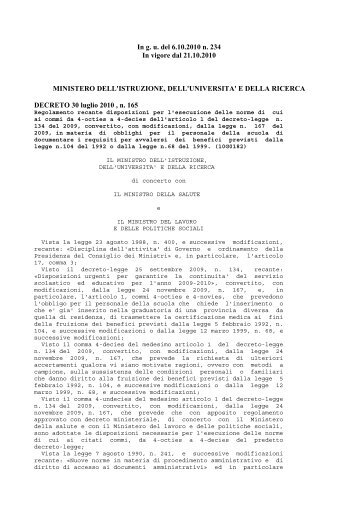 Decreto MIUR n 165 del 30 luglio 2010 - Ufficio scolastico regionale ...
