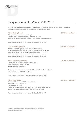 Banquet-Specials für Winter 2012/2013 - The Dolder Grand