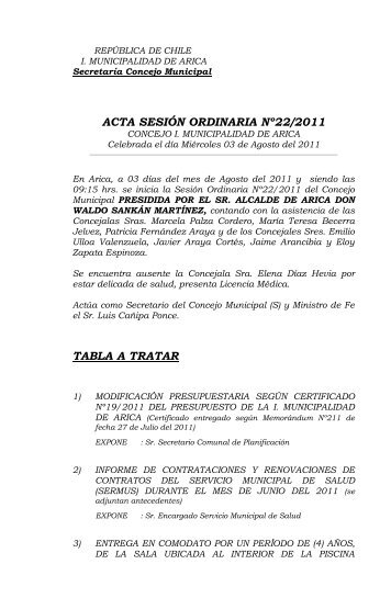 acta sesiÃ³n ordinaria nÂº22/2011 - Municipalidad de Arica