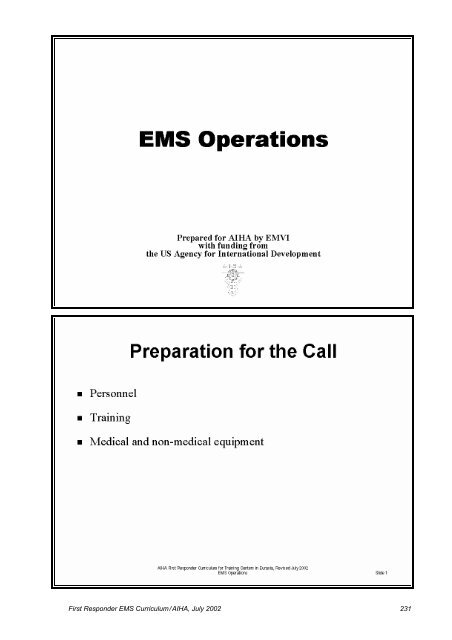 First Responder EMS Curriculum for Training Centers in Eurasia