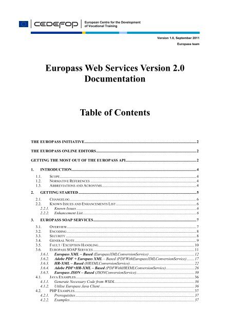 Europass Web Services Version 2.0 Documentation Table of Contents