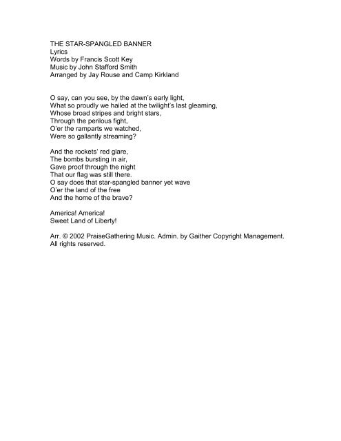 THE STAR-SPANGLED BANNER Lyrics Words by ... - PraiseGathering