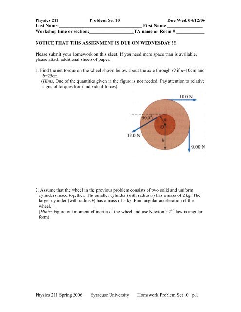 Problem Set 10 - Physics - Syracuse University
