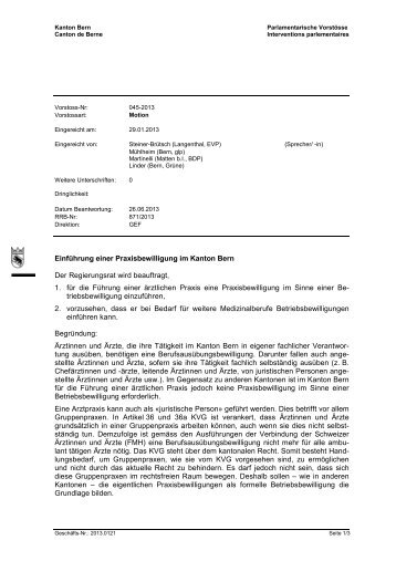 Einführung einer Praxisbewilligung im Kanton Bern - EVP Oberaargau
