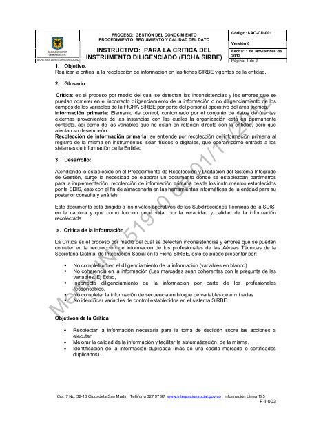 Instructivo del Instrumento para Critica de fichas SIRBE - Secretaria ...