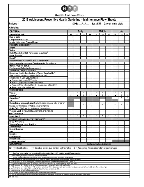 Adolescent Preventive Care Flow Sheet - Health Partners