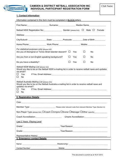 Participant Registration Form - Camden & District Netball ...