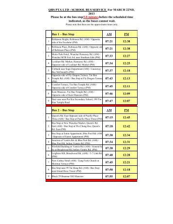 bus schedule - Quarry Bay School